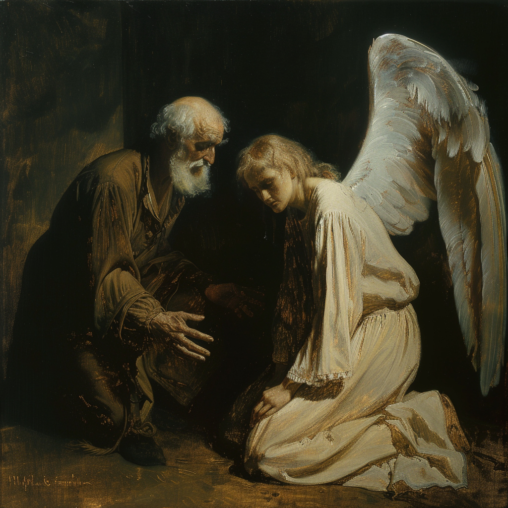 An old man pleading with an angel in white robes and white wings. The angel is looking away.