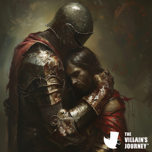 A knight covered in blood holding a man who's clothing is tattered.