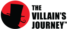 The silhouette of a man in a tophat with a curly mustache. The words "The Villain's Journey". It is trademarked.